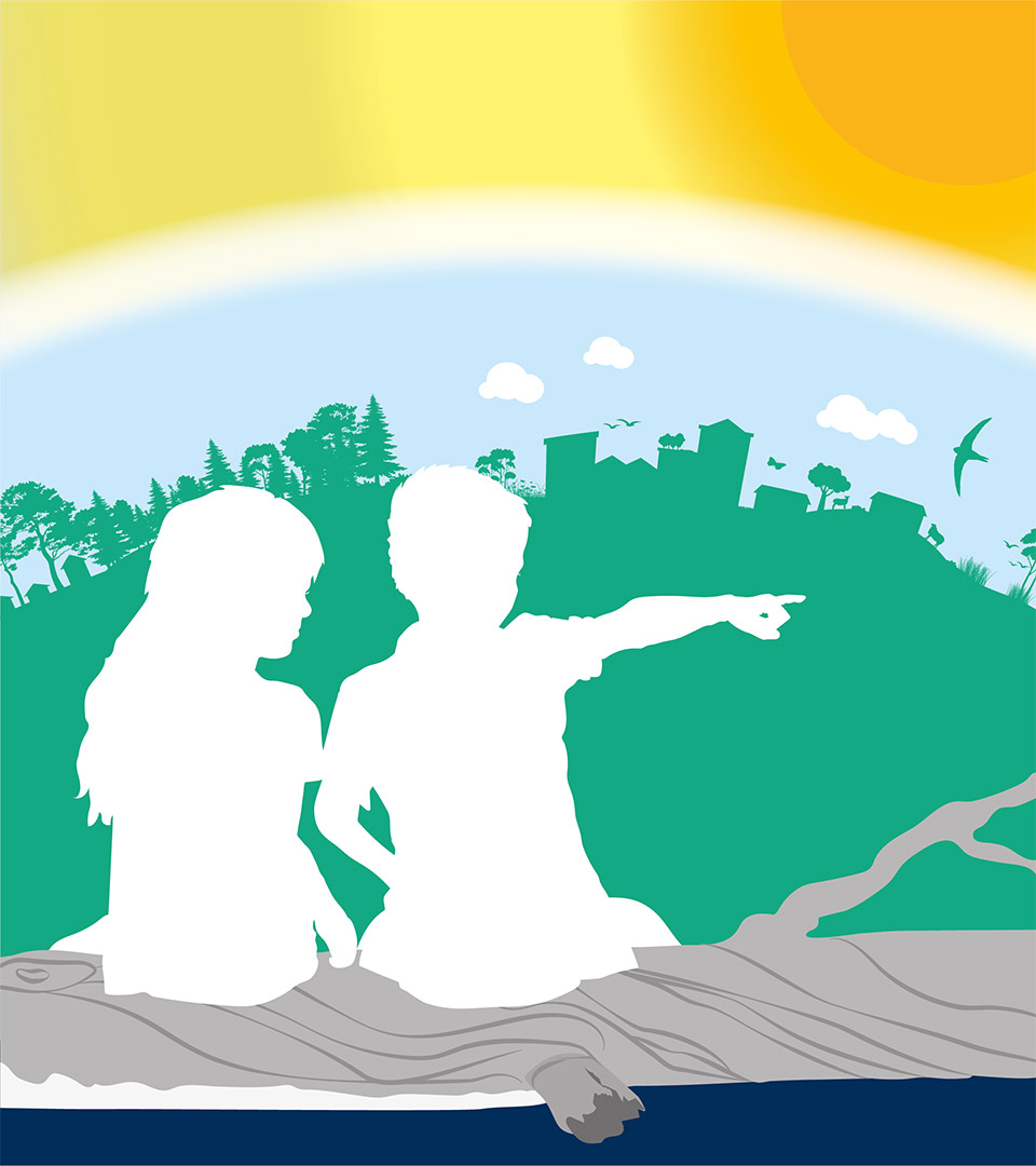 Illustration av två barn som sitter på en trädstam