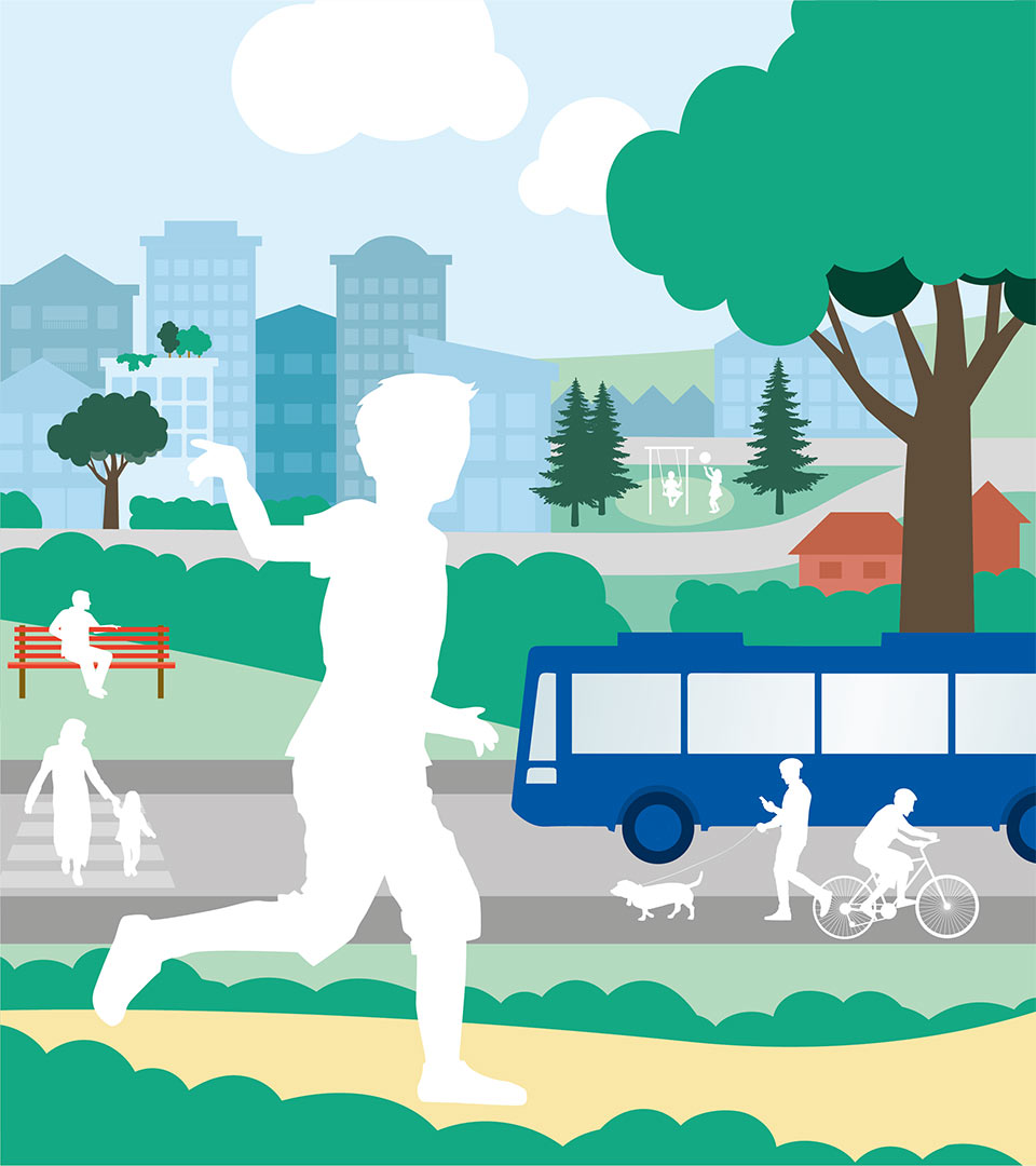 Illustration av ett barn som springer i stadsmiljö