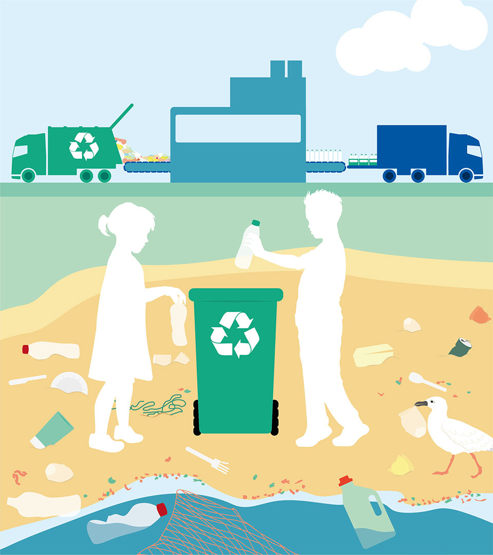 Illustration av två barn som återvinner, med en återvinningsanläggning i bakgrunden