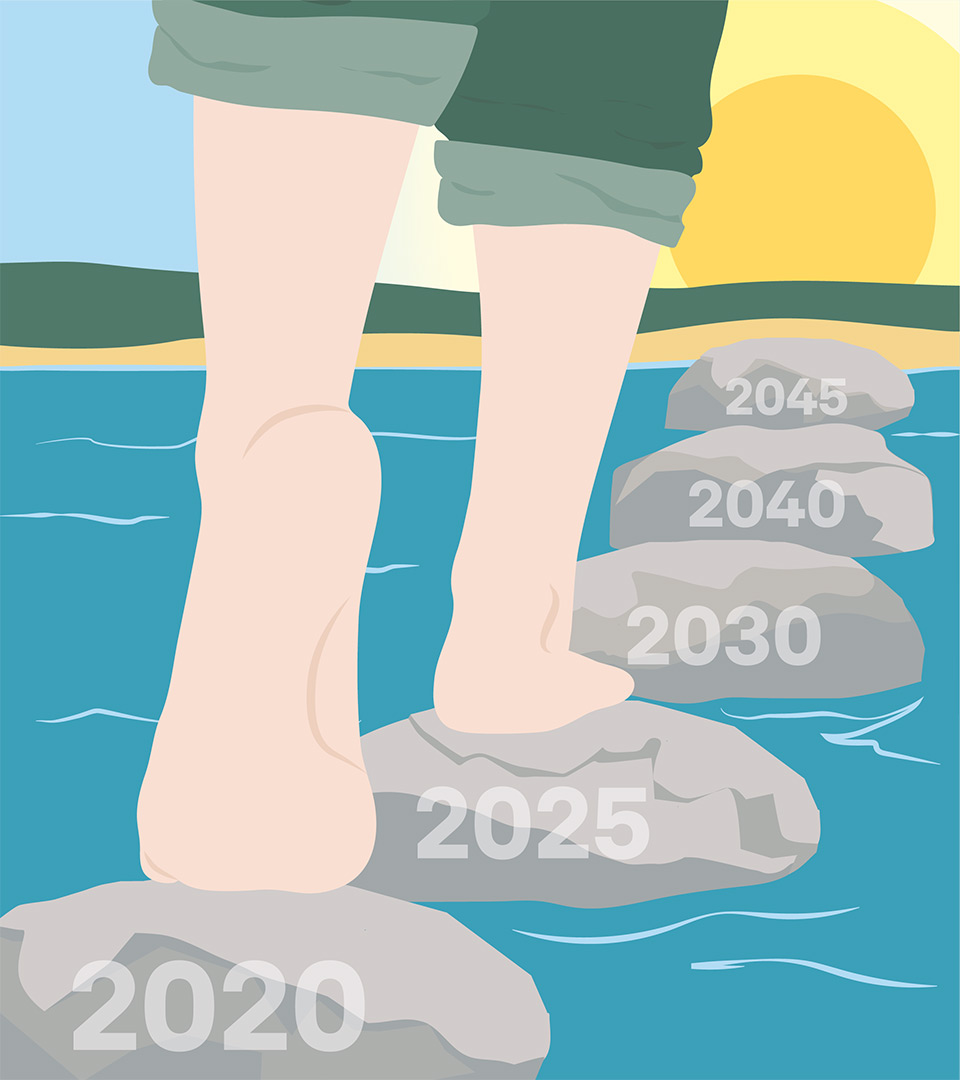 Illustration av ett par fötter som går på stenar i vatten