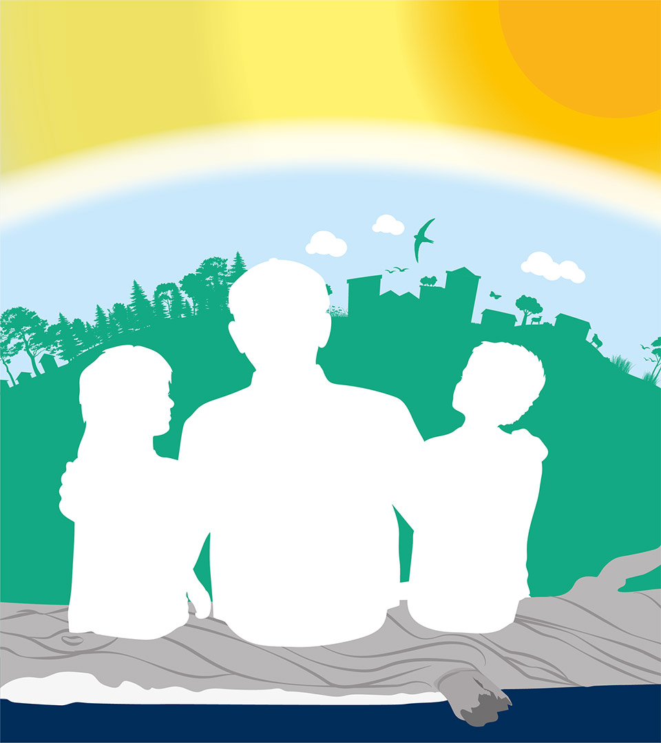 Illustration av en person som sitter mellan två barn