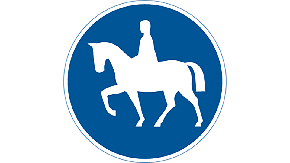 En blå skylt med en häst med ryttare på; påbjuden ridning