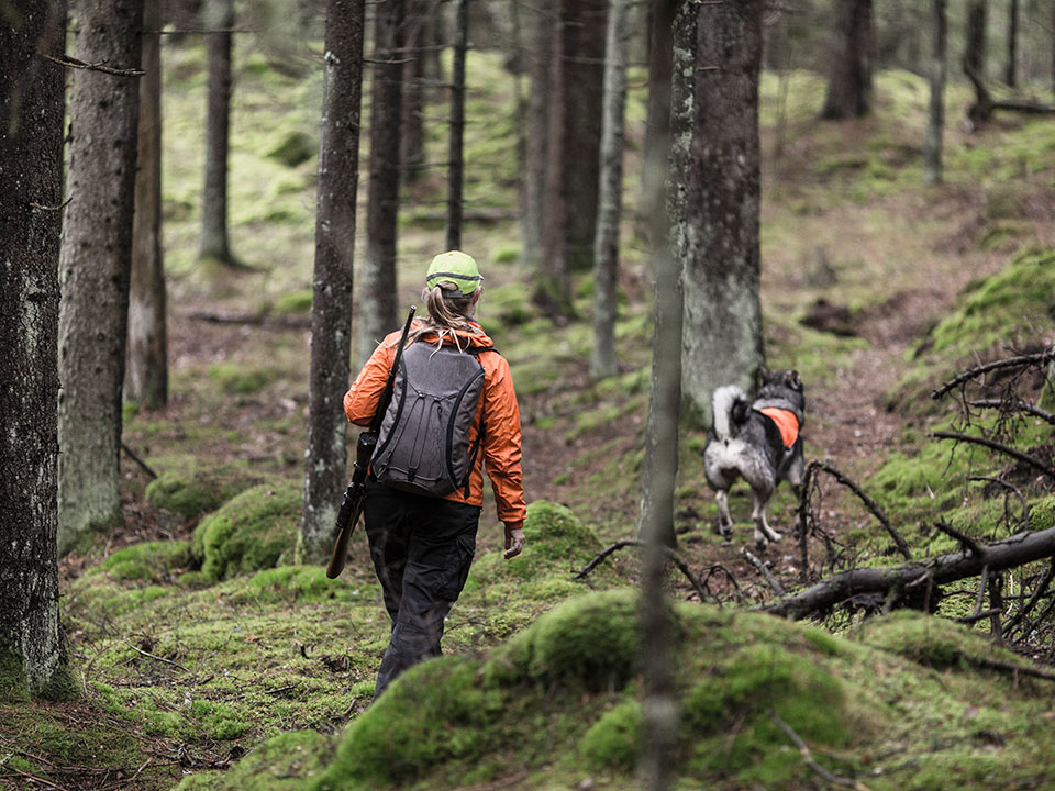 Fotograf: Michael Jonsson
Bildbyrå: Johnér Jägare med hund i skogen.