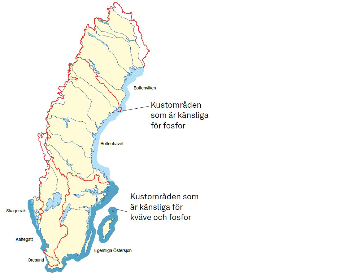 Karta som visar områden i Sverige som är känsliga för utsläpp av näringsämnen