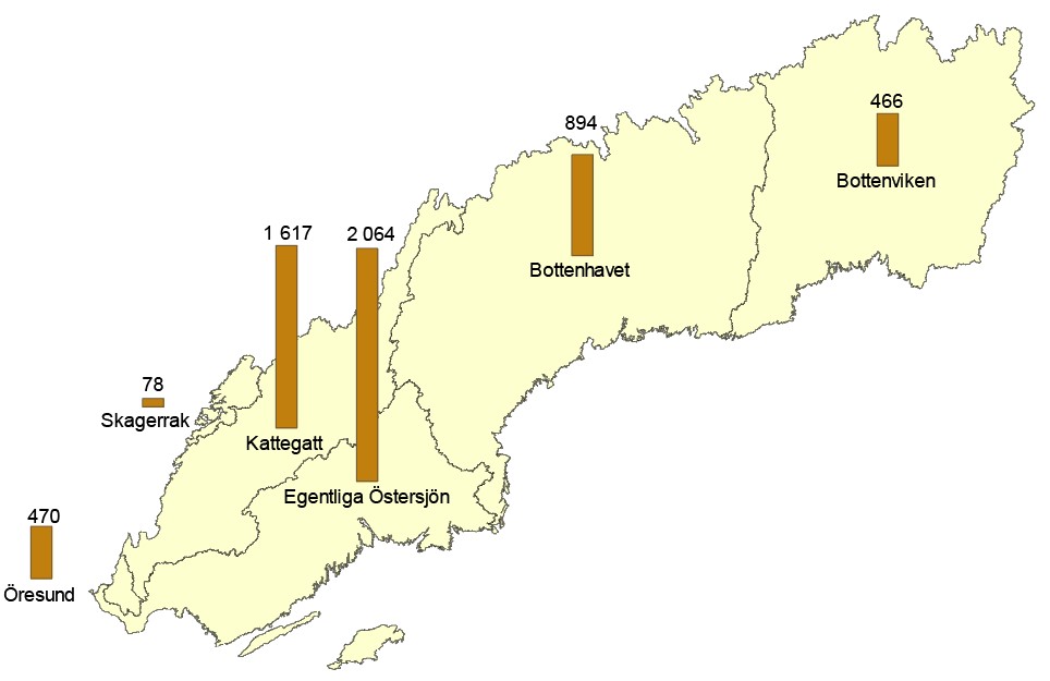 Karta som visar utsläpp av organiskt material (BOD7) till havsbassänger