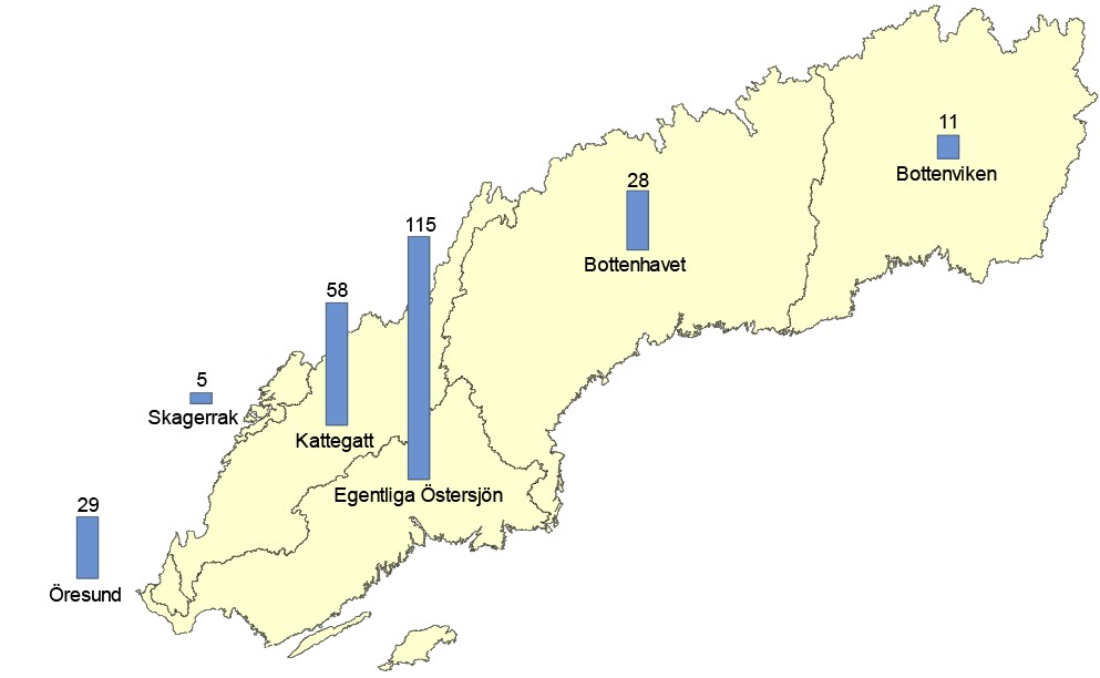 Karta som visar utsläpp av fosfor till havsbassänger