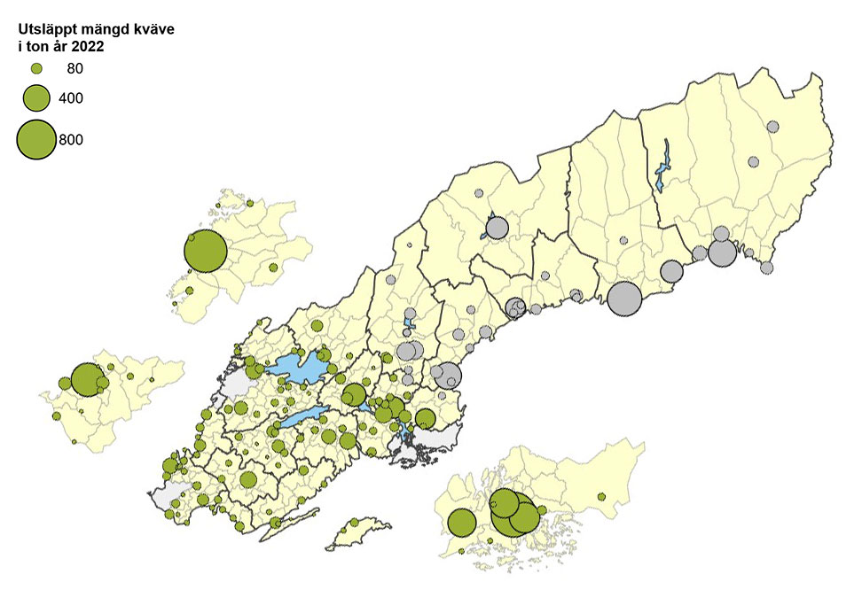 Karta som visar utsläppt mängd kväve i Sverige 2022