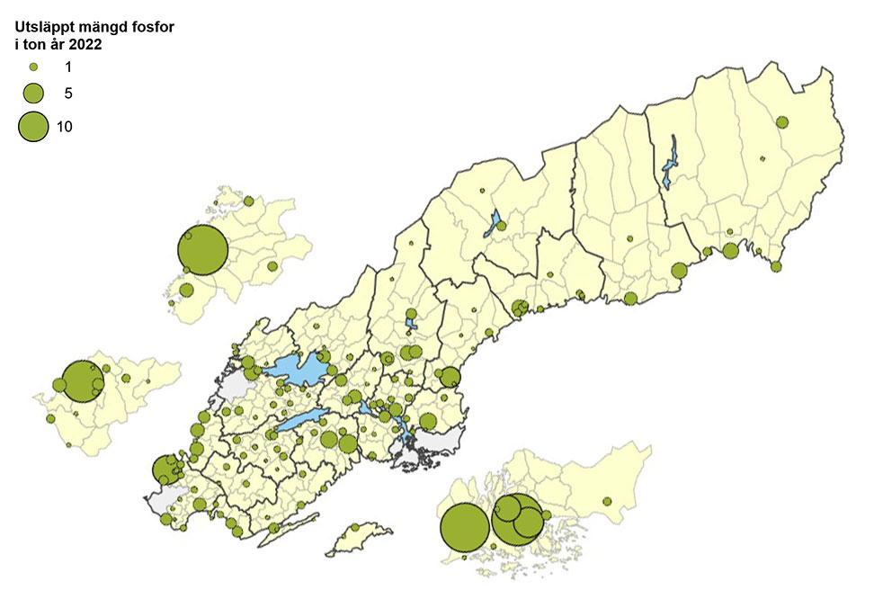 Karta som visar utsläppt mängd fosfor i Sverige år 2022