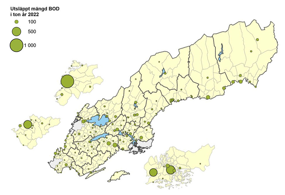 Karta som visar utsläpp av organiskt material (BOD7) i Sverige år 2022