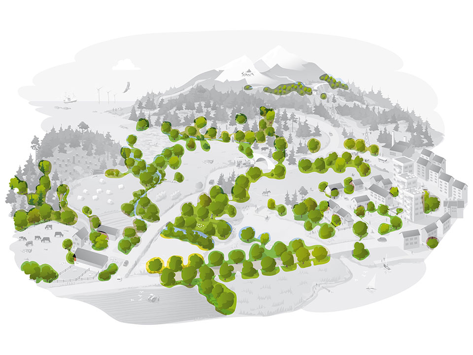 Fotograf: Illustration: Kjell Ström Illustration, landskap med lövskog sett ovanifrån