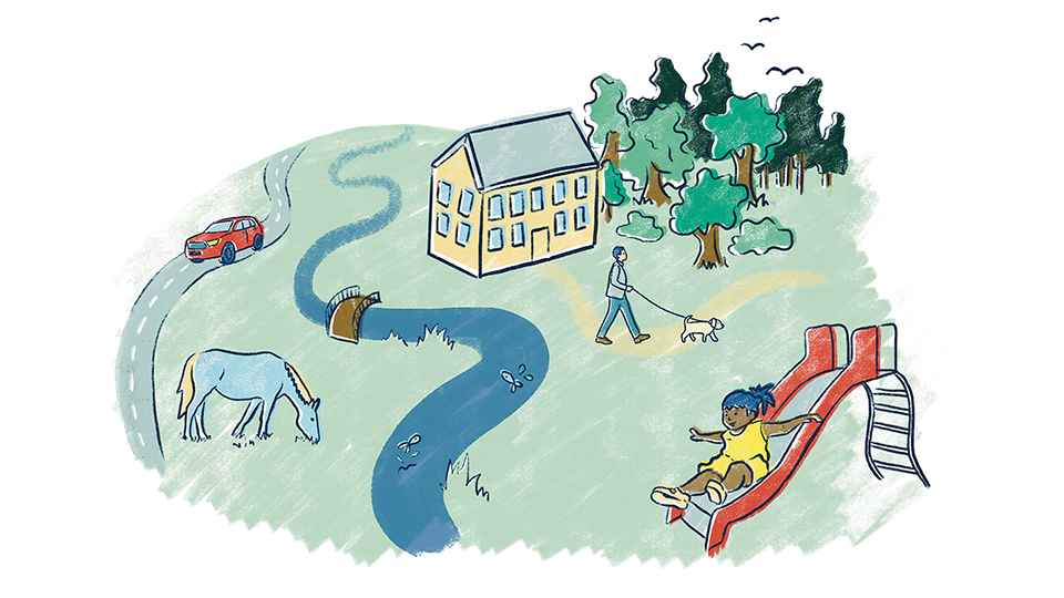 Illustratör: Make your mark Illustration - Ett hus och en man med hund samt en flicka åkr rutchbana