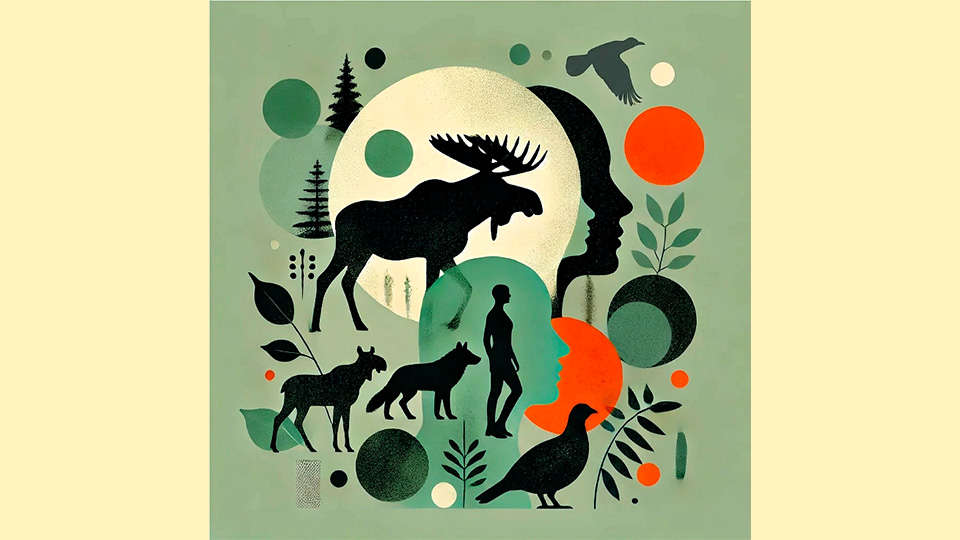 Illustration som föreställer ett pussel där de olika bitarna föreställer djur- och natur med månen som fond